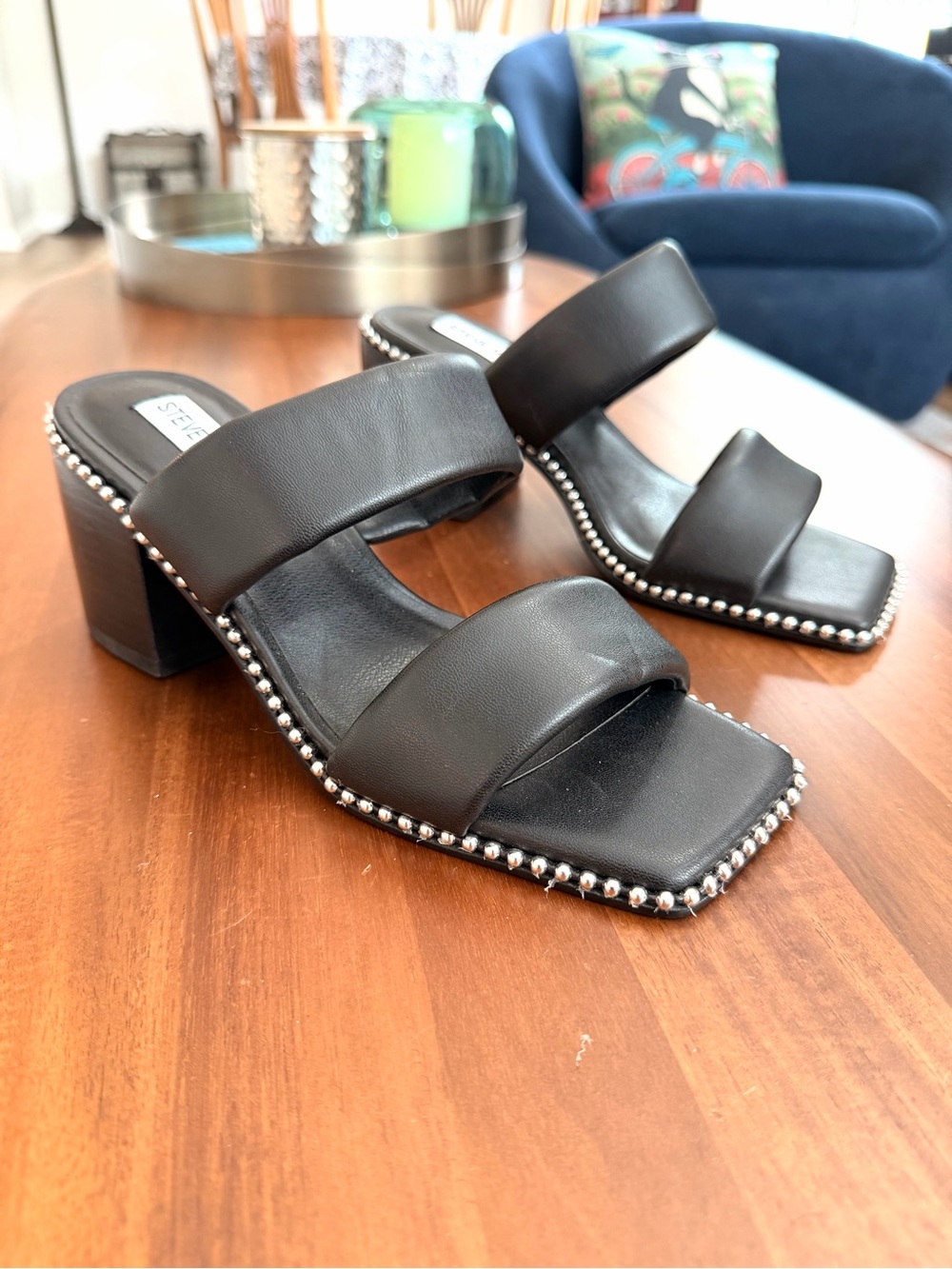 Steve Madden Harlee Black Beaded Square Toe Block Heel Sandals 6M
